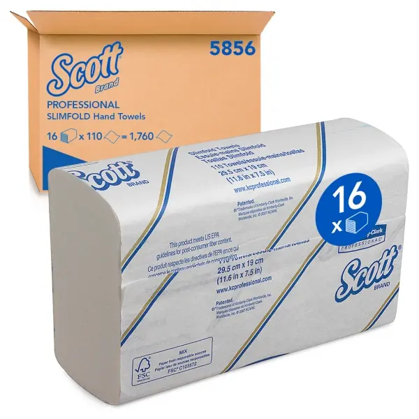 Kimberly-Clark Scott Slimfold Handtuchpapier 1-lagig, 19 cm x 29,5 cm, weiß, Airflex-Material 1 Karton = 16 x 110 Tücher
