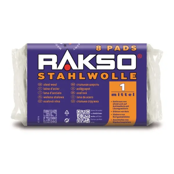 RAKSO Stahlwolle - Pads 8 Pads = 200 g Packung Sorte 1 - mittel