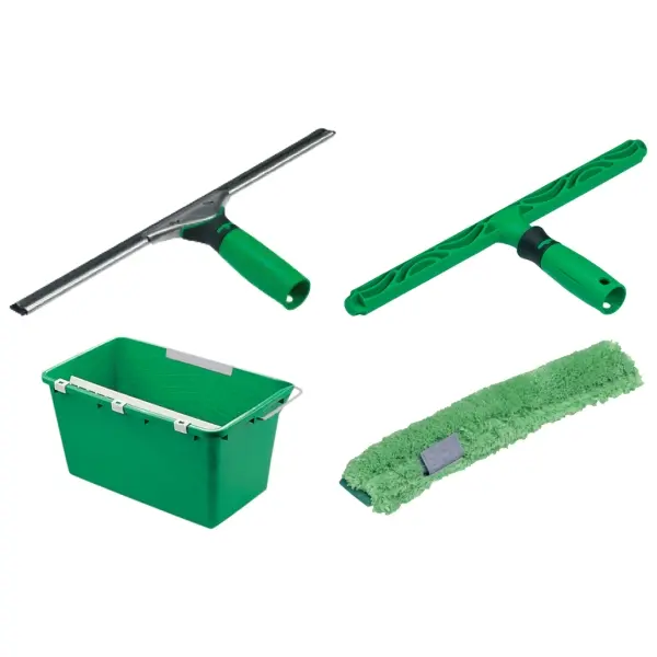 UNGER Glasreinigungsset AK013 Starter-Set mit Wischer, Träger, Einwascher und Eimer 
