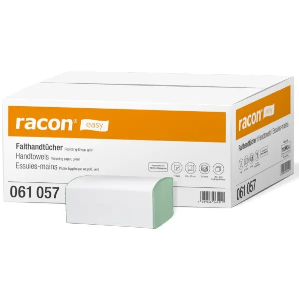racon® easy Falthandtücher 1-lagig, 25 x 23 cm, grün,  Krepp, ZZ-Falz 1 Karton = 4600 Blatt