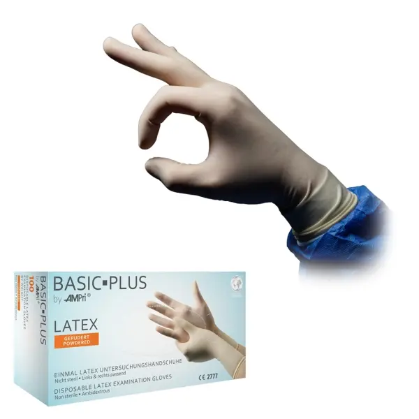 Basic-Plus Latex Einweghandschuhe gepudert, weiß, Gr. M 1 Box = 100 Stück