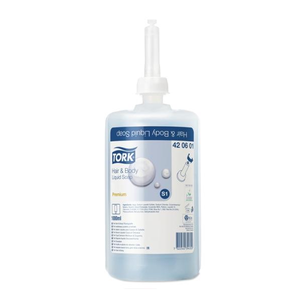 TORK Premium Hair & Body Flüssigseife mit frischem Duft 1 l Flasche