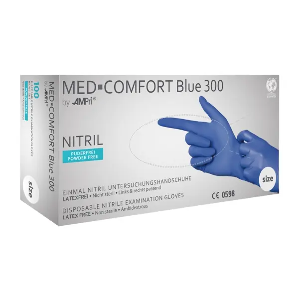 MED-COMFORT Blue 300 Nitrilhandschuhe extra lang, puderfrei, blau, Gr. M 1 Box = 100 Stück