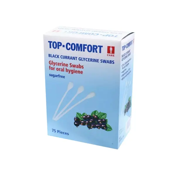 Top-Comfort Wattestäbchen mit Geschmack Schwarze Johannisbeere 1 Box = 75 Stück