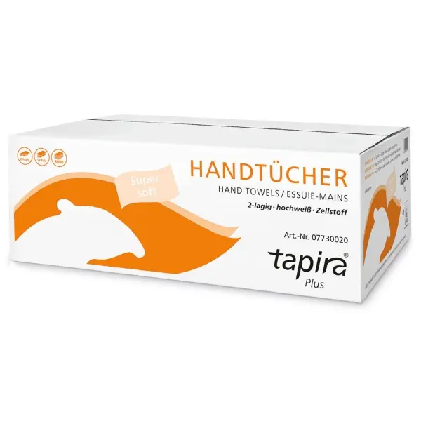 tapira Plus Handtuchpapier 2-lagig, hochweiß, Zellstoff 20,6 x 32 cm, W-Falz, 1 Karton = 3000 Blatt