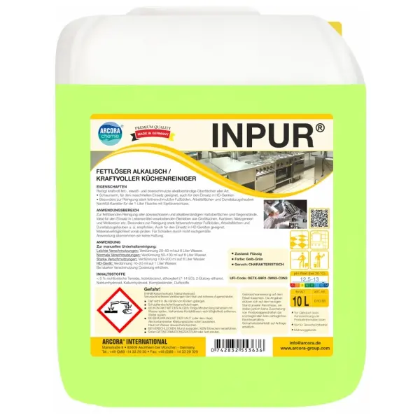 ARCORA INPUR alkalisch, kraftvoller Küchenreiniger und Fettlöser 10 l Kansiter