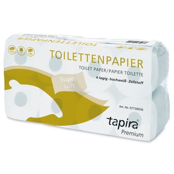 tapira Toilettenpapier Premium 4-lagig, hochweiß, Zellstoff, 150 Blatt 1 Pack = 64 Rollen