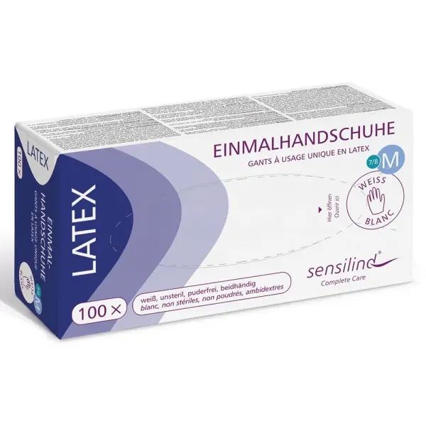 Sensilind Latex Einmalhandschuhe unsteril, puderfrei Gr. M weiß 1 Box = 100 Stück
