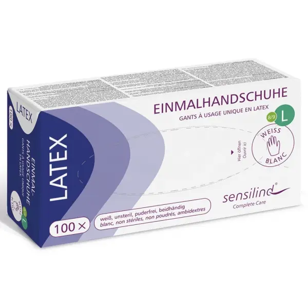 Sensilind Latex Einmalhandschuhe unsteril, puderfrei Gr. L weiß 1 Box = 100 Stück