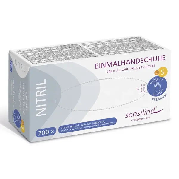 Sensilind Nitril Einmalhandschuhe Premium Gr. S violett, unsteril, puderfrei 1 Box = 200 Stück