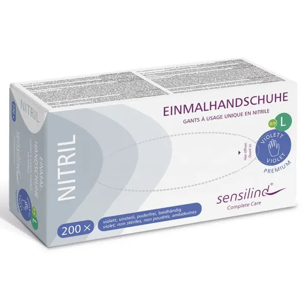 Sensilind Nitril Einmalhandschuhe Premium Gr. L violett, unsteril, puderfrei 1 Box = 200 Stück