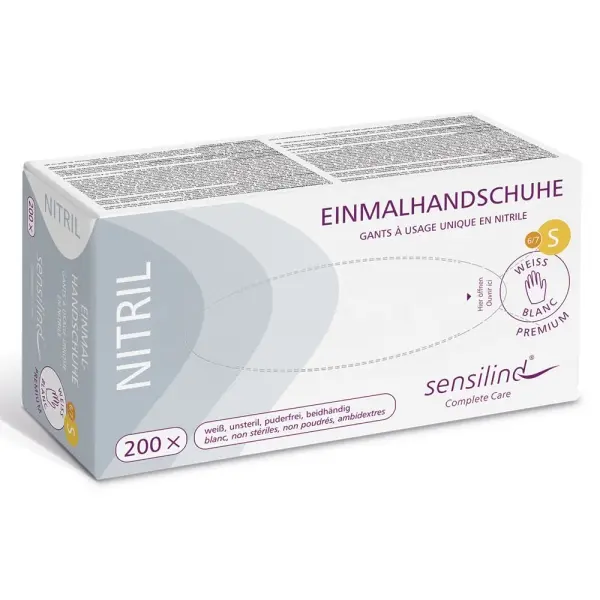 Sensilind Nitril Einmalhandschuhe Gr. S Premium weiß, unsteril, puderfrei 1 Box = 200 Stück