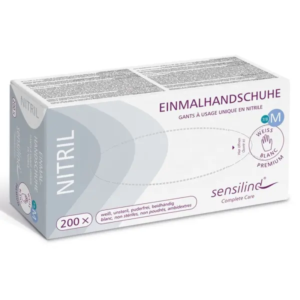 Sensilind Nitril Einmalhandschuhe Gr. M Premium weiß, unsteril, puderfrei 1 Box = 200 Stück
