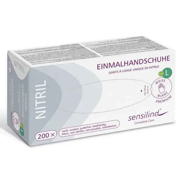 Sensilind Nitril Einmalhandschuhe Gr. L Premium weiß, unsteril, puderfrei 1 Box = 200 Stück