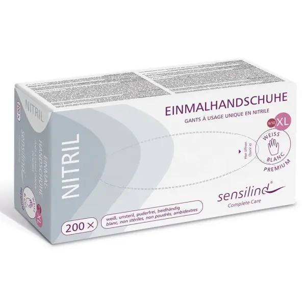 Sensilind Nitril Einmalhandschuhe Gr. XL Premium weiß, unsteril, puderfrei 1 Box = 200 Stück