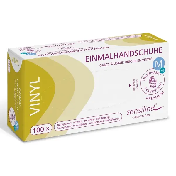 Sensilind Vinyl Einmalhandschuhe Premium Gr. M transparent 1 Box = 100 Stück