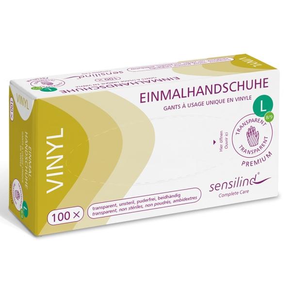Sensilind Vinyl Einmalhandschuhe Premium Gr. L transparent 1 Box = 100 Stück