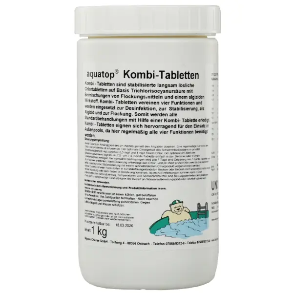 aquatop Kombitabletten 4 in 1, 200 g Flockung –Desinfektion – Algizid – Stablisierung 1 kg Dose