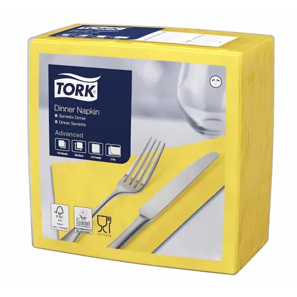 TORK Dinnerservietten 2-lagig, 19,8 x 19,5 cm, gelb, geprägt 1 Karton = 12 x 150 Stück
