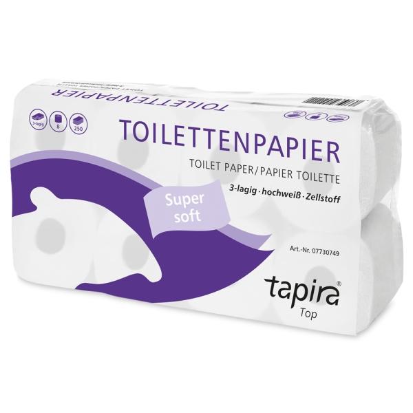 tapira Top Toilettenpapier 3-lagig, hochweiß, Zellstoff, 250 Blatt 1 Pack = 64 Rollen