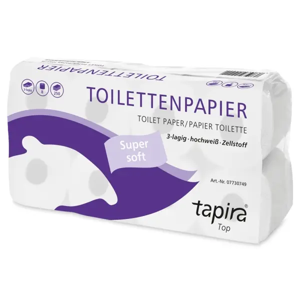 tapira Top Toilettenpapier 3-lagig, hochweiß, Zellstoff, 250 Blatt 1 Pack = 64 Rollen