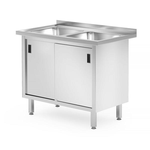 HENDI Tisch mit 2 Spülbecken Schrank – verschweißt mit Schiebetüren Profi Line, 1000 x 600 x 850 mm