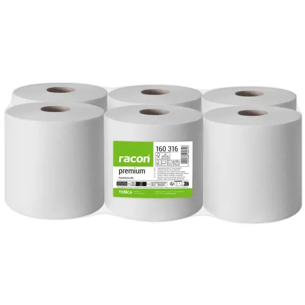 racon® premium Handtuchrollen 2-lagig, 20 x 36 cm, hochweiß, perforiert, Rolle a 450 Blatt 1 Pack = 6 Rollen