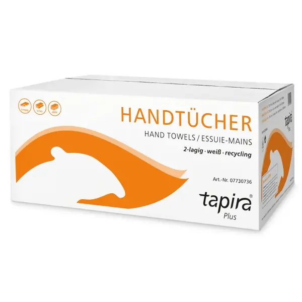 tapira Plus Handtuchpapier 2-lagig, weiß, Recycling 24,5 x 21 cm, V-Falz, 1 Karton = 4000 Blatt