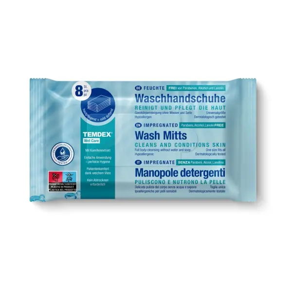 TEMDEX WET CARE Waschhandschuhe gebrauchsfertig, vorbefeuchtet 1 Karton = 24x 8 Stück