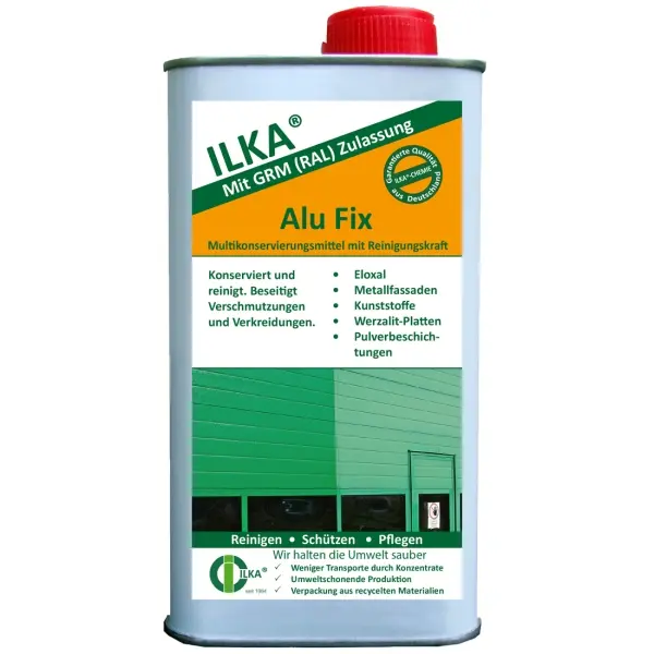 ILKA Alu Fix Multikonservierungsmittel für Eloxal, beschichtete Metallfassaden und Kunststoffoberflächen, 1 l Flasche 1 Karton = 12 Flaschen