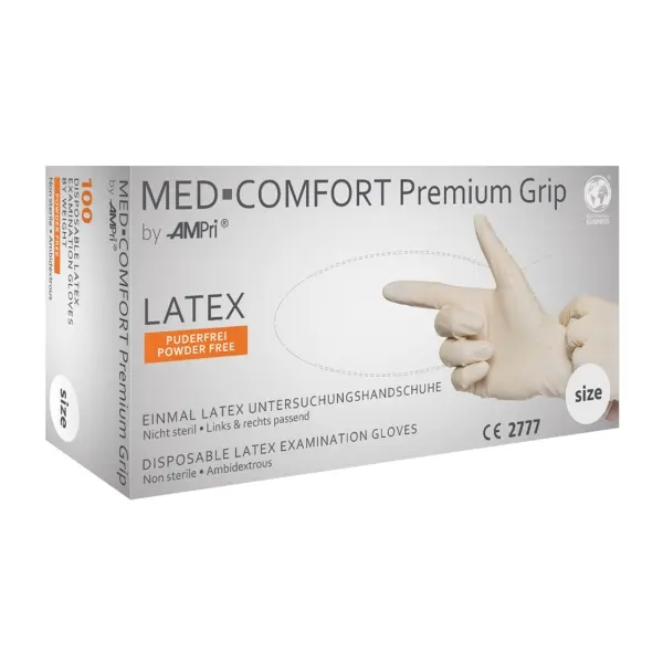 MED-COMFORT Premium Grip Latex Einweghandschuhe puderfrei, weiß. Gr. XL 1 Box = 100 Stück