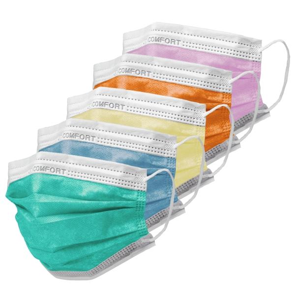 MED-COMFORT Mundschutzmasken 3-lagig, TYP IIR, 5-farbiger Mix 1 Box = 50 Stück