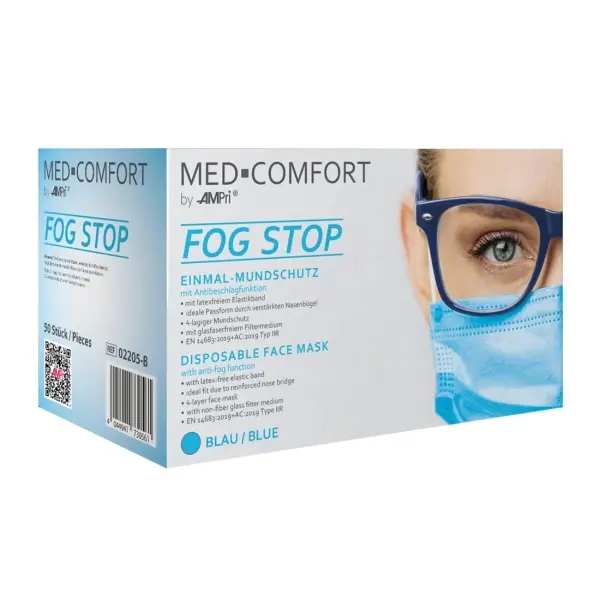 MED-COMFORT Fog Stop Mundschutzmasken für Brillenträger mit Antibeschlag-Funktion 1 Box = 50 Stück