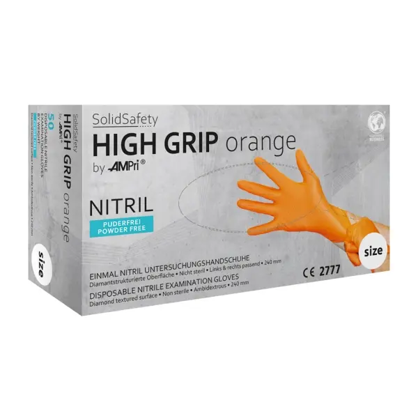 SolidSafety High Grip Nitril-Einmalhandschuhe extra griffig, orange, Gr. L 1 Box = 50 Stück
