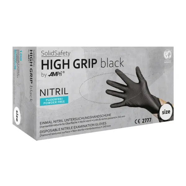 SolidSafety High Grip Nitril-Einmalhandschuhe extra griffig, schwarz, Gr. XL 1 Box = 100 Stück