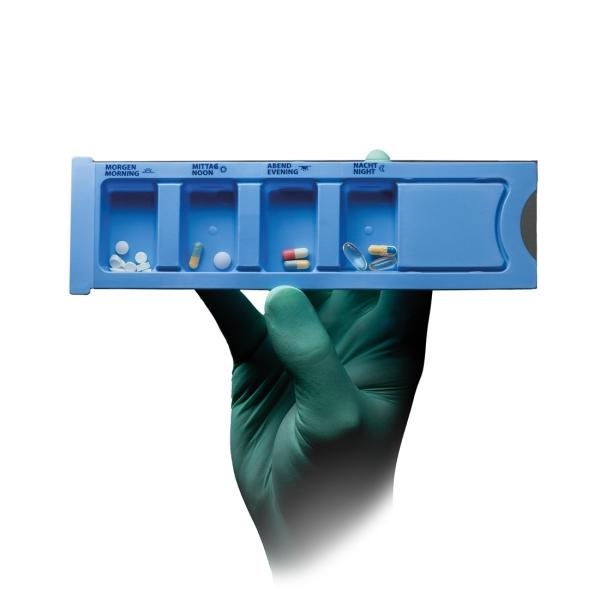 MED-COMFORT Einweg-Medikamentendispenser 4 Fächer mit Schiebeblister, blau 1 Karton = 200 Stück