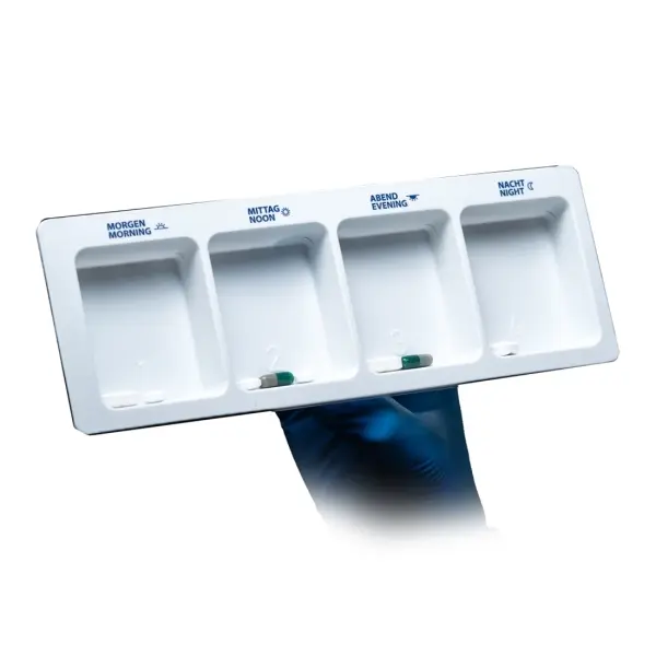 MED-COMFORT Einweg-Medikamentendispenser 4 große Fächer mit Schiebeblister, weiß 1 Karton = 190 Kartons