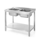 HENDI Tisch mit 2 Spülbecken und Ablage – verschraubt Tiefe 600 mm Kitchen Line, 1000 x 600 x 850 mm 